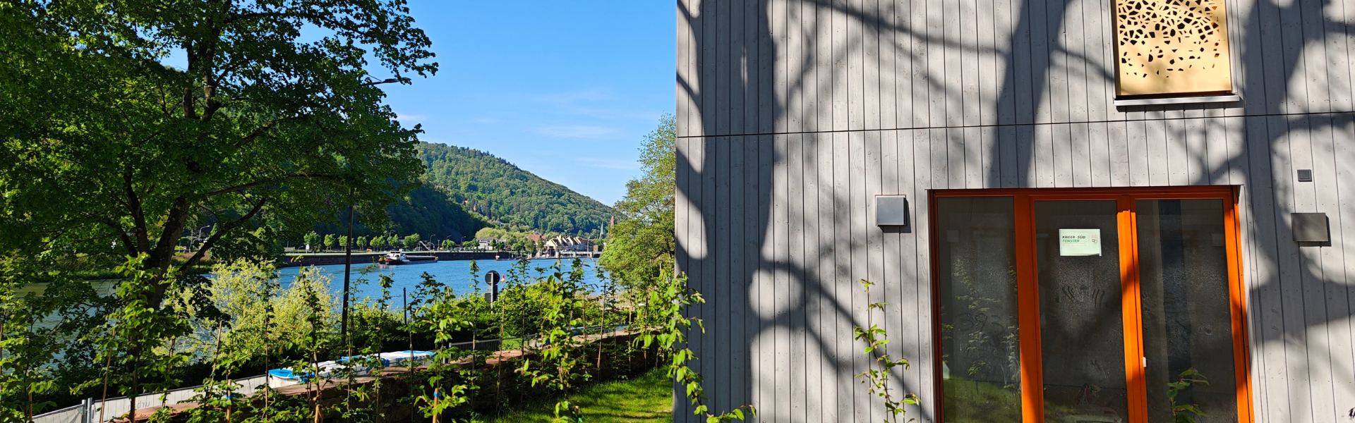 Blick auf ein Teil des Hauses rechts, links daneben Blick ins Grüne mit dem Neckar.