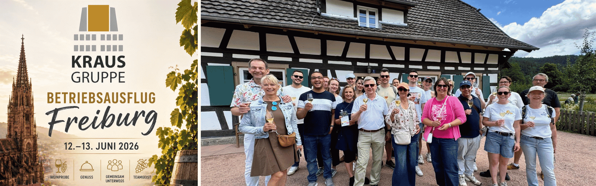 Gruppenfoto der KRAUSGRUPPE beim Betriebsausflug in Freiburg (12.–13. Juni 2026) vor einem traditionellen Fachwerkhaus.