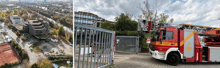 Zwei kombinierte Fotos: Links eine Luftaufnahme eines großen, modernen Bürogebäudes an einem Flussufer im Herbst; rechts fährt ein Feuerwehrfahrzeug mit ausgefahrener Drehleiter durch ein geöffnetes Metalltor auf das Gelände zu.